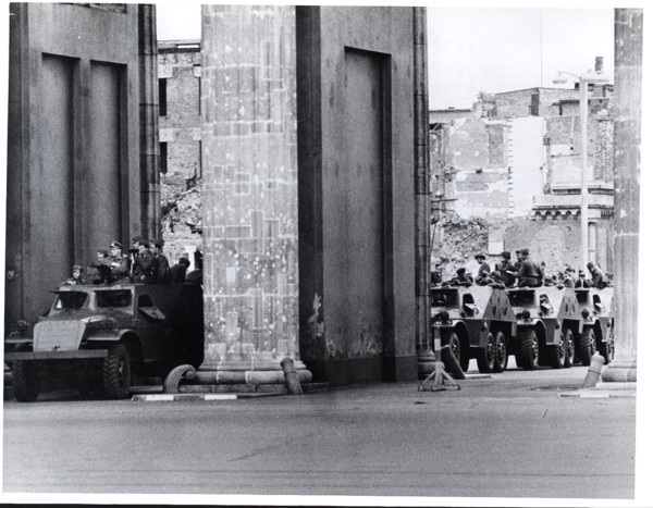 August 1961 - A Column of East German Armored Cars Lines Up Behind Brandenburg Gate Against