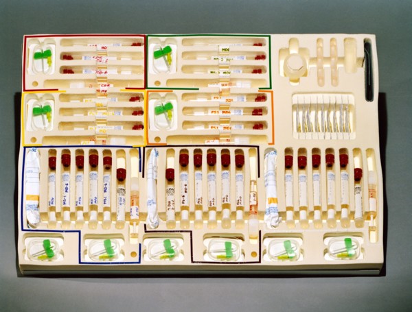 A close-up view of a training version of a STS-40/SLS-1 blood kit