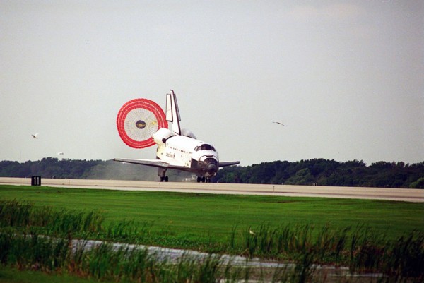 The orbiter drag chute deploys after Atlantis