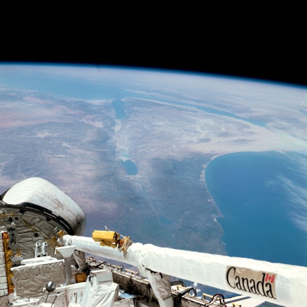 A 70mm out-the-window view showing Israel, the Dead Sea, Sea of Galilee, Jordan River, Sinai, Jordan, the Red Sea and Egypt