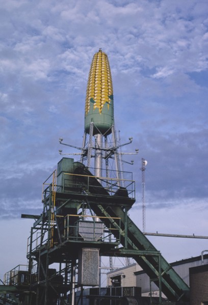 1980s United States -  Corn water tower angle 2, Seneca Foods, Route 14, Rochester, Minnesota 1988