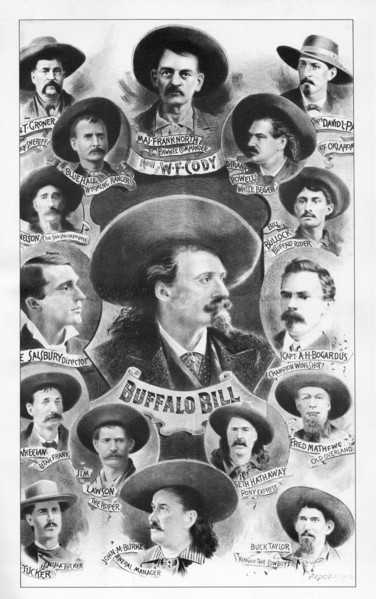 Buffalo Bill Poster with Groner, Blue Hall, Maj Frank, D Frank, Davidl, Nelson, Salsbury, Nheelan, Jim Lawson, Tucker, John M Burke, Seth Hathaway, Buck Taylor, Fred Mathews, Bogardus, Bill Bullock