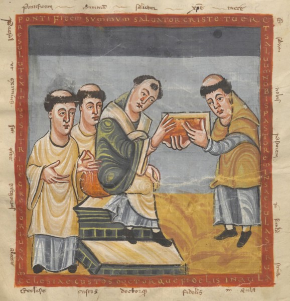 Gregory Iv (Middle) Receives His Book From Rabanus Maurus (Right).