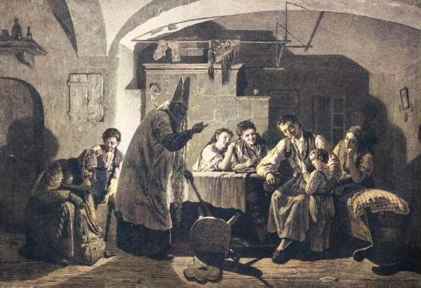 Saint Nicholas Visits The Family And Asks The Child If It Was A Good One And He Can Give Nuts To Him