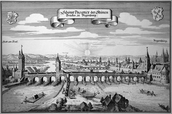 Regensburg With The Danube Bridges In The Middle Ages