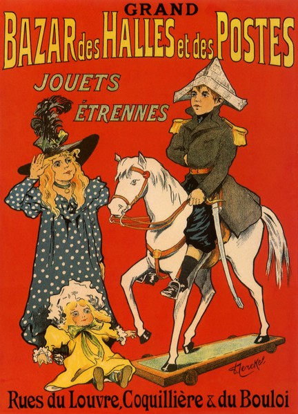 Girl with Doll looks at Boy on Toy Horse.