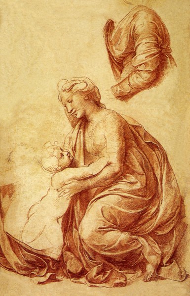 La Vierge assise, tournee vers la gauche prenant l'Enfant.