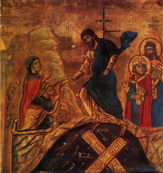 Jesus grabs Adam by the Wrist.