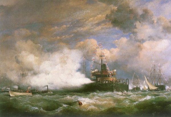 The Shah of Persia reviewing the Fleet with HMS Devastation.