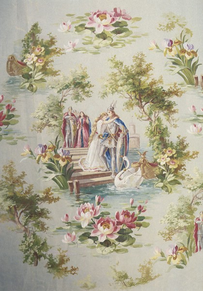 Maiden and knight on dock with flora bordering.