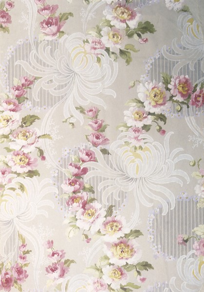 Purple white floral repeat pattern on light background.
