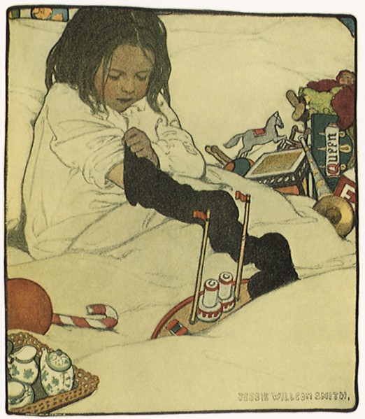 Girl reaches for Toys in Christmas Stocking.