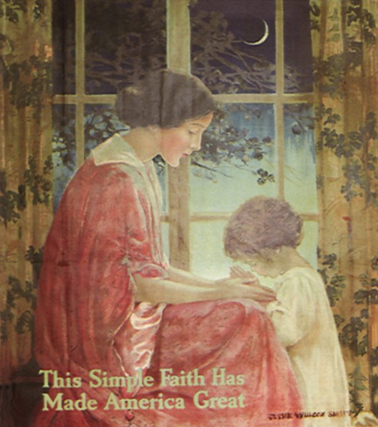 Boy kneeling in Prayer before Mother.
