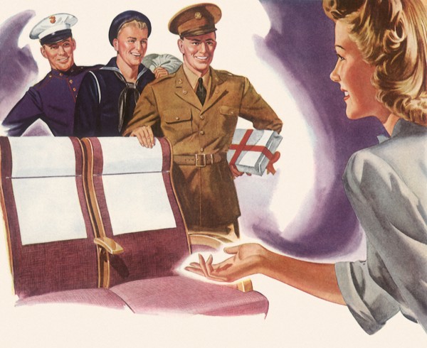Woman offers Bus Seats to Marine, Sailor, and Soldier.