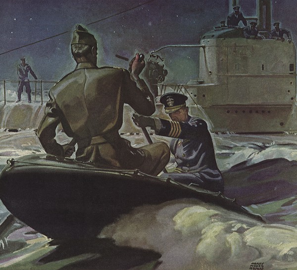 Sailors on Small Rubber Boat and Submarine.