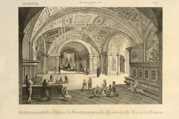 19th Century Engraving. Underground of the Church of Monte Cassino. Monte Cassino. Cassino. Lazio. Italy