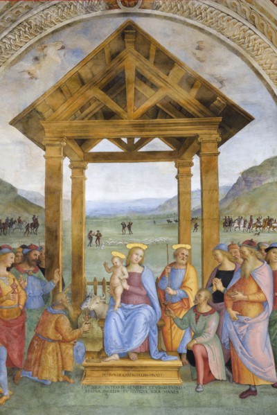 Trevi (Italy, Umbria, province of Perugia), Sanctuary of the Madonna delle Lacrime, Chapel of the Nativity. Perugino, Adoration of the Magi, 15th-16th century, fresco
