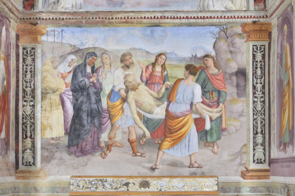 Trevi (Italy, Umbria, province of Perugia), Sanctuary of the Madonna delle Lacrime, Chapel of San Francesco. Giovanni di Pietro, known as Lo Spagna, Carriage of Christ, 15th-16th century, fresco