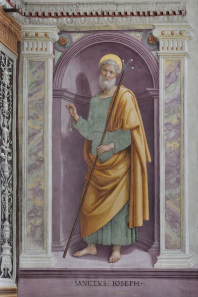 Trevi (Italy, Umbria, province of Perugia), Sanctuary of the Madonna delle Lacrime, Chapel of San Francesco. Giovanni di Pietro, known as Lo Spagna, side wall, San Giuseppe, 15th-16th century, fresco