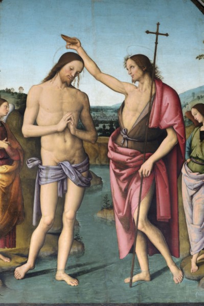 Città della Pieve (Italy, Umbria, province of Perugia), Cathedral of Saints Gervasio and Protasio. Perugino, Baptism of Christ, painted on wood. Detail
