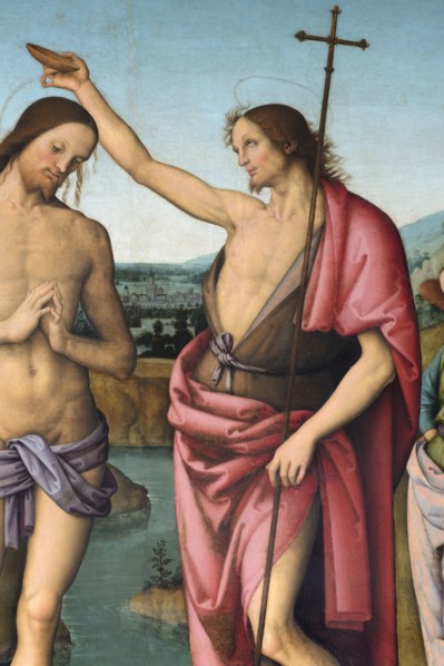 Città della Pieve (Italy, Umbria, province of Perugia), Cathedral of Saints Gervasio and Protasio. Perugino, Baptism of Christ, painted on wood. Detail
