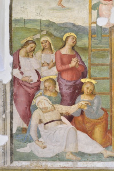 Città della Pieve (Italy, Umbria, province of Perugia), Church of Santa Maria dei Servi. Chapel of the Madonna della Stella, Perugino, Deposition from the cross, fresco, 15th-16th century. Detail