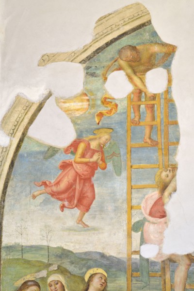 Città della Pieve (Italy, Umbria, province of Perugia), Church of Santa Maria dei Servi. Chapel of the Madonna della Stella, Perugino, Deposition from the cross, fresco, 15th-16th century. Detail