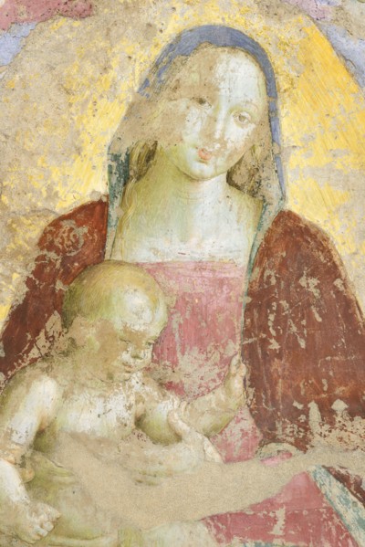 Panicale (Italy, Umbria, province of Perugia), Church of San Sebastiano. Madonna and Child, Musician Angels and Saints Augustine and Mary Magdalene, attribution to Raffaello Sanzio, fresco, around 150...