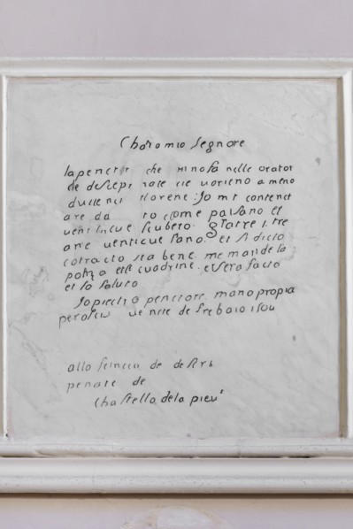 Città della Pieve (Italy, Umbria, province of Perugia), Oratorio Santa Maria dei Bianchi, copy of the first letter sent by Perugino on 20 February 1504 to the mayor of the Disciplinati della Vergine d...