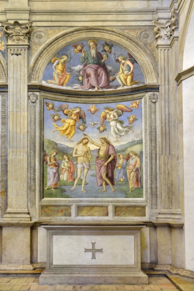 Foligno (Italy, Umbria, province of Perugia), Oratory of the Nunziatella. Perugino, Baptism and the Eternal Adored by two angels, fresco