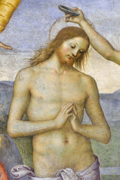 Foligno (Italy, Umbria, province of Perugia), Oratory of the Nunziatella. Perugino, Baptism and the Eternal Adored by two angels, fresco. Detail