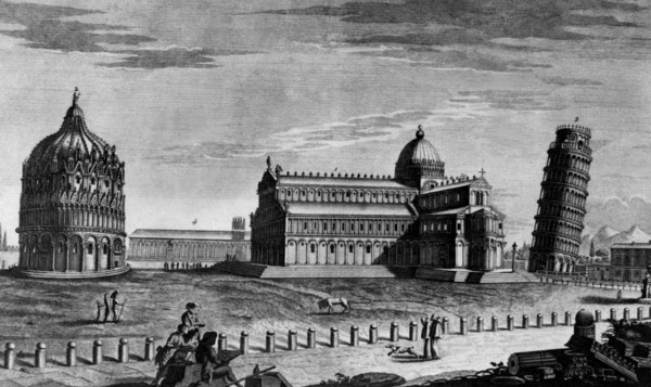 italie, toscane, pise, gravure de la piazza dei miracoli, 1940