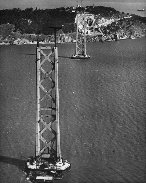 usa, californie, san francisco, travaux de construction du deuxième pont suspendu de la baie, 1935