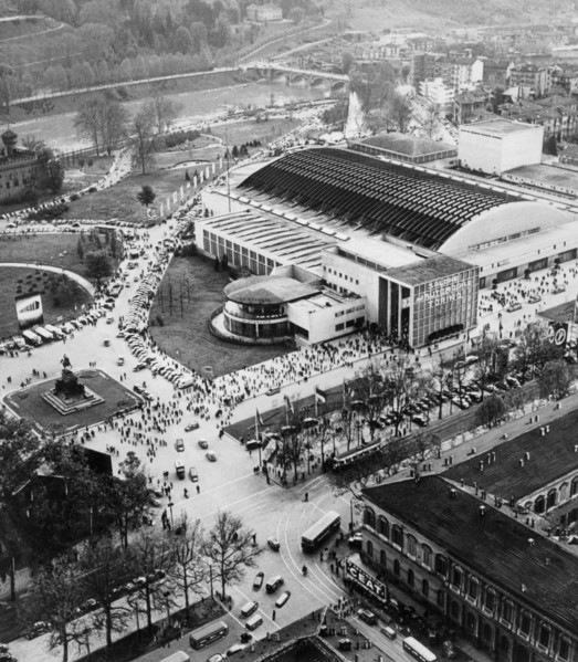 europe, italie, piedmont, turin, salon de l'automobile, vue aérienne, 1955