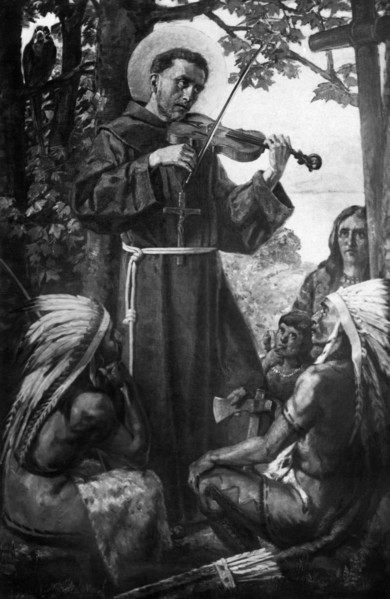 St. Francis Solan teaches music to the natives of southern America. engraving from the 1800s