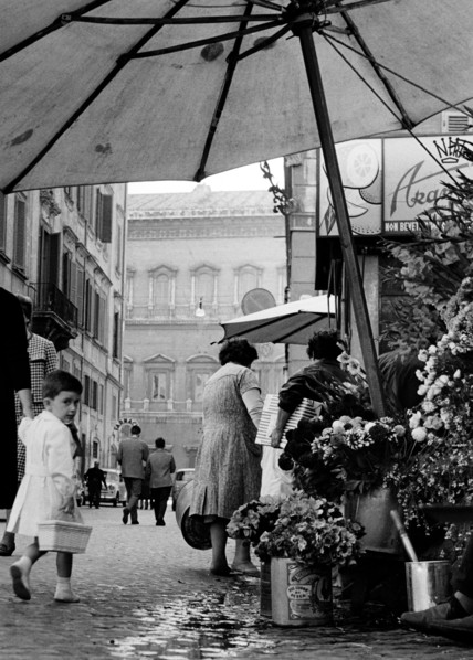 Italy. Rome. Campo de Fiori with foreshortening on Palazzo Farnese. 1960