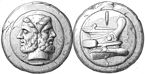 Head of Janus, the ship cast Roman coin.