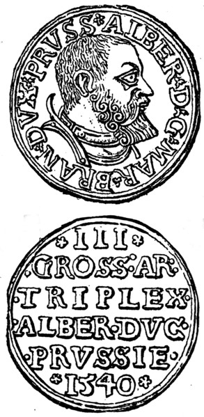 Threepenny coin of Duke Albrecht of Prussia.