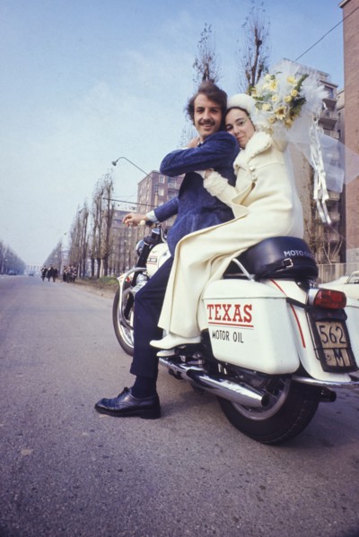 Bride and groom on motorbyke, 70's