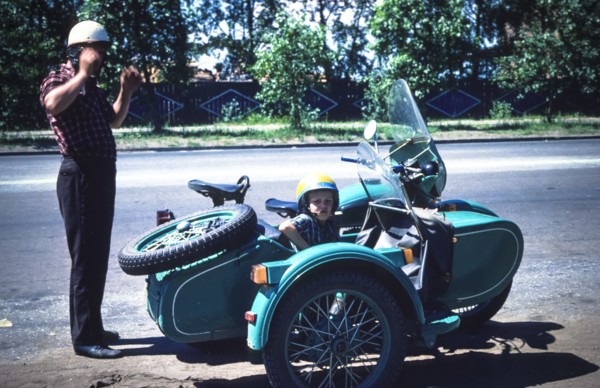 Ussr, siberia, irkutsk, father and son on sidecar