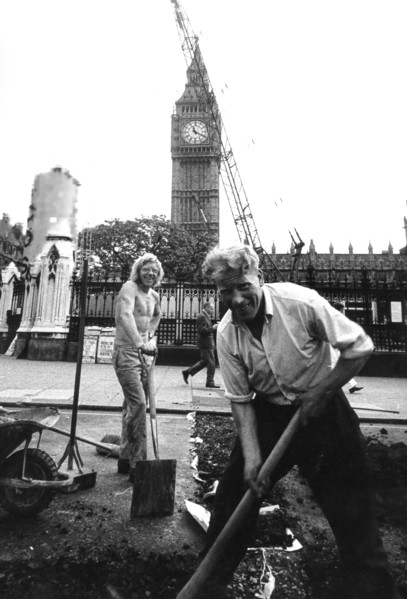 Workers in a road yard near big ben, london, uk, 70's