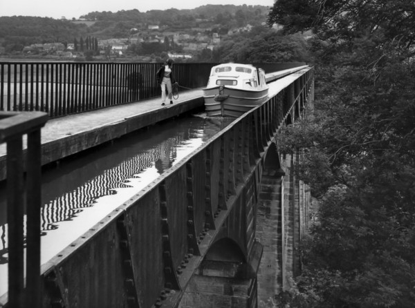 Canal barge crossing Telford's Pontcysyllte viaduct, near Llangollen, Wales, uk, 80's