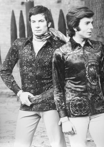 1970's style clothes,  two men during a photo shooting