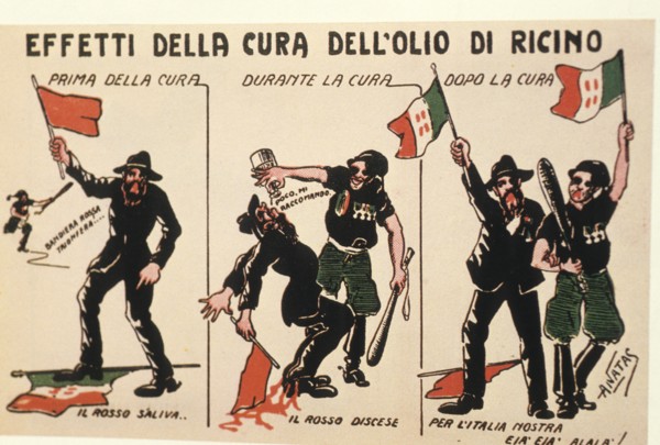 Effects of castor oil, Fascist postcard, 1921