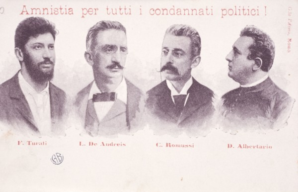 Postcard published to seek amnesty for those arrested for political uprisings of 1898, filippo turati, luigi de andreis, c. Romussi, davide Albertario