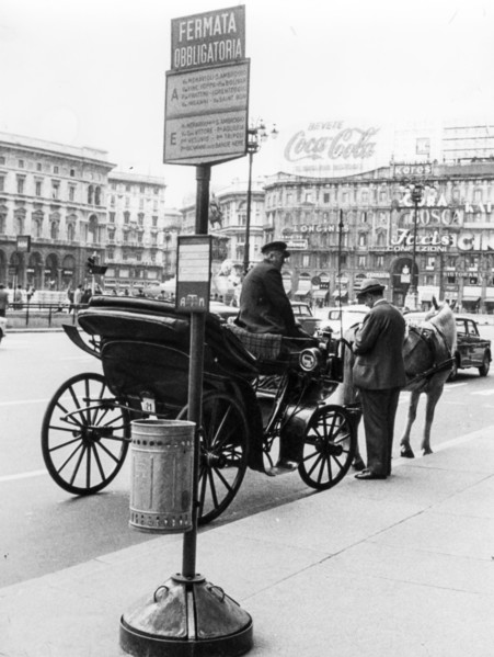 Carriage in Piazza del Duomo, Milan, Italy. 1966