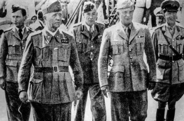 Pietro badoglio with the commander eisenhower for the signature of the armistice and the entry into the war of italy against germany, with their lord gort, arthur william tedder, the general english m...