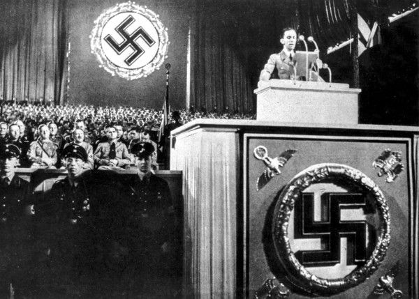 Joseph Goebbels speaks during the Nazi demonstration on May 1, 1938