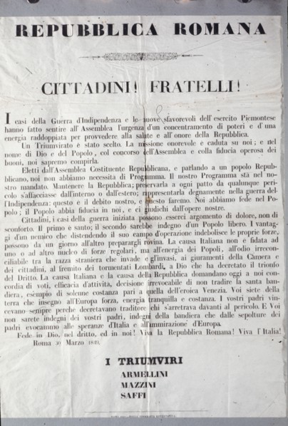 Laws regulations ordinances and circulars of the Roman republic, CLXXI triumvirate program, year 1849