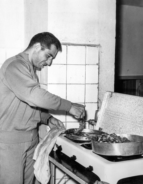 Cycling, cyclist Sante Gilardoni and kitchen, 1960